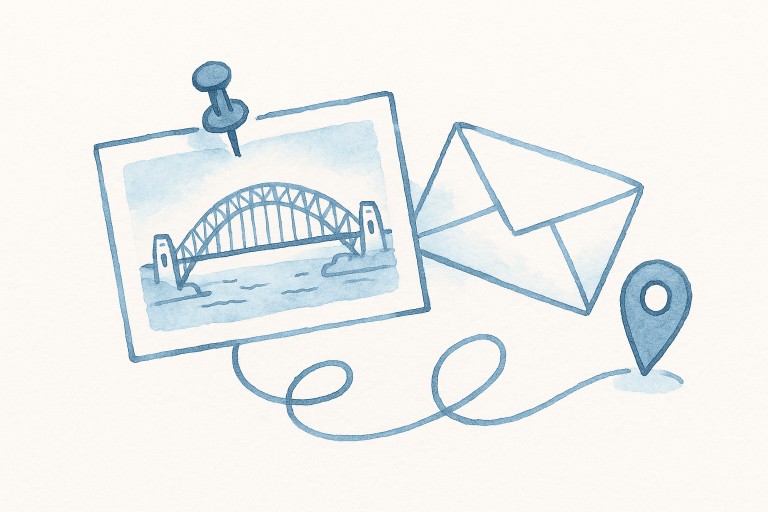 Quirky blue watercolor postcard illustration of Sydney Harbour Bridge with an envelope and location pin.