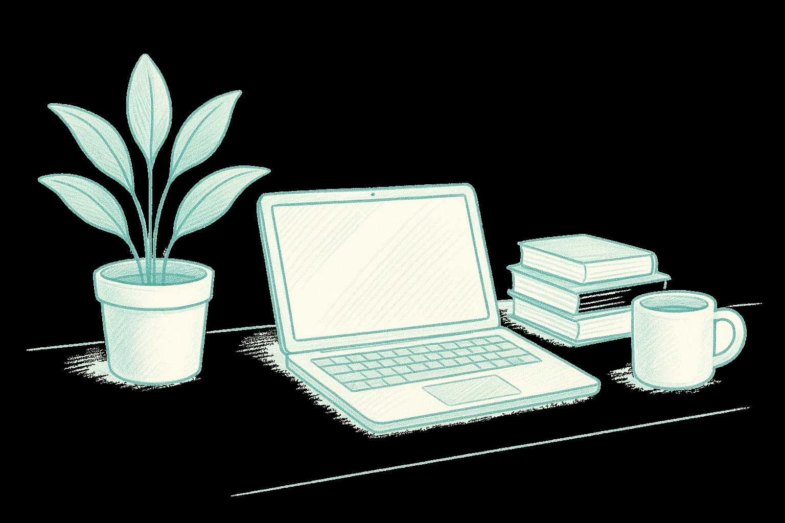 Editorial sketch illustration of a plant, laptop, stacked books, and a tea mug.