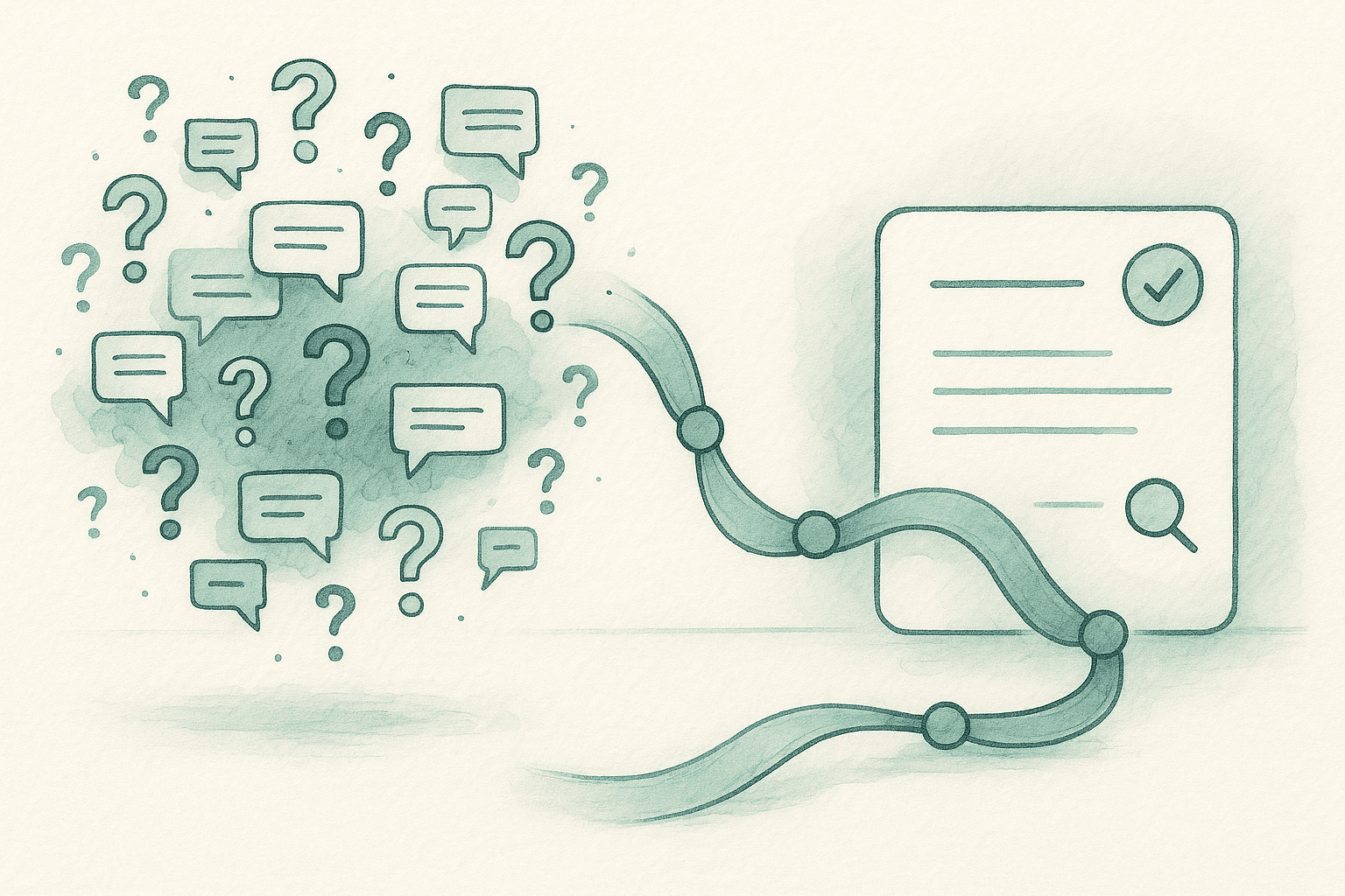 Editorial sketch illustration representing an FAQ engine workflow.