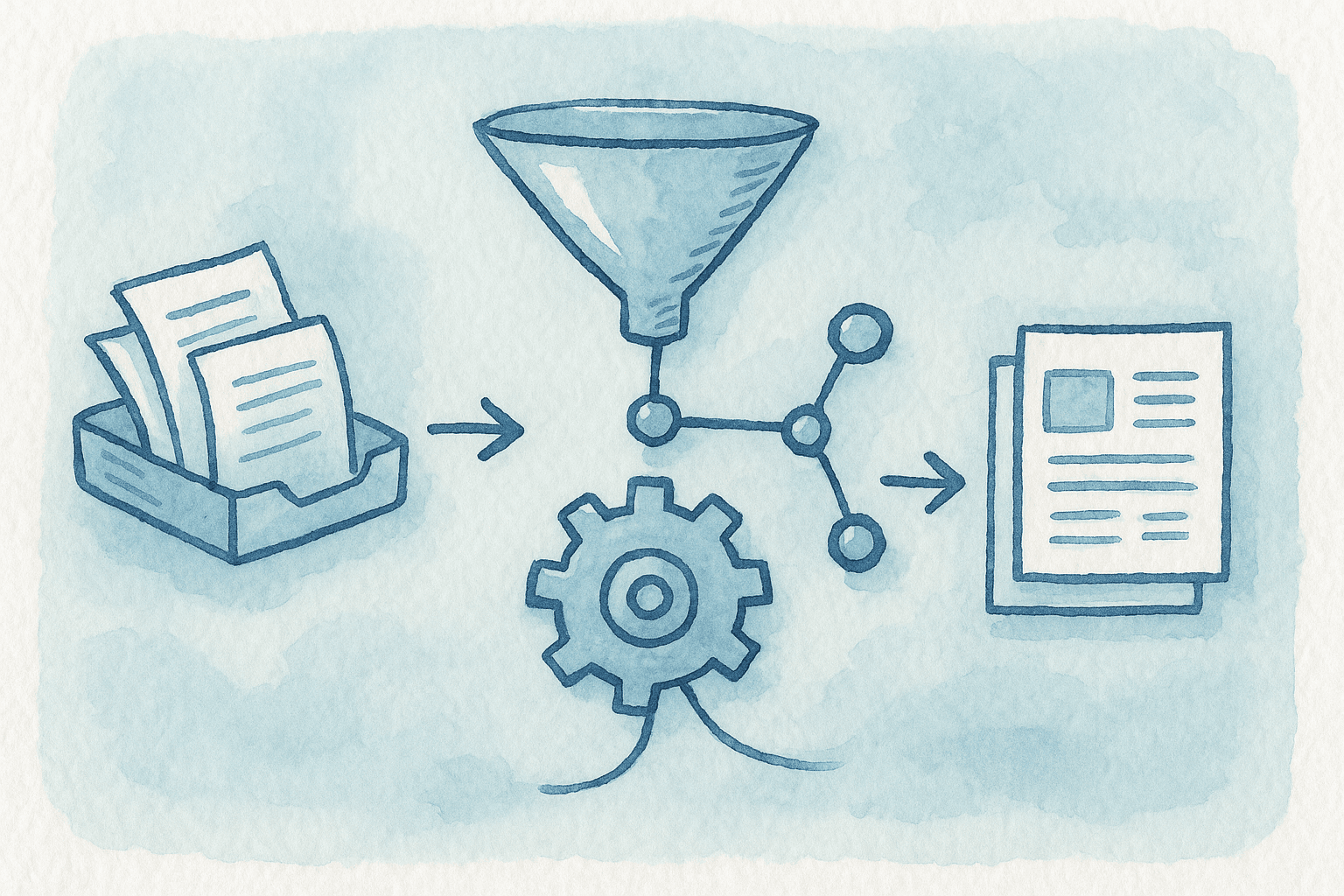 Illustration showing an automation flow from intake through processing to outputs.