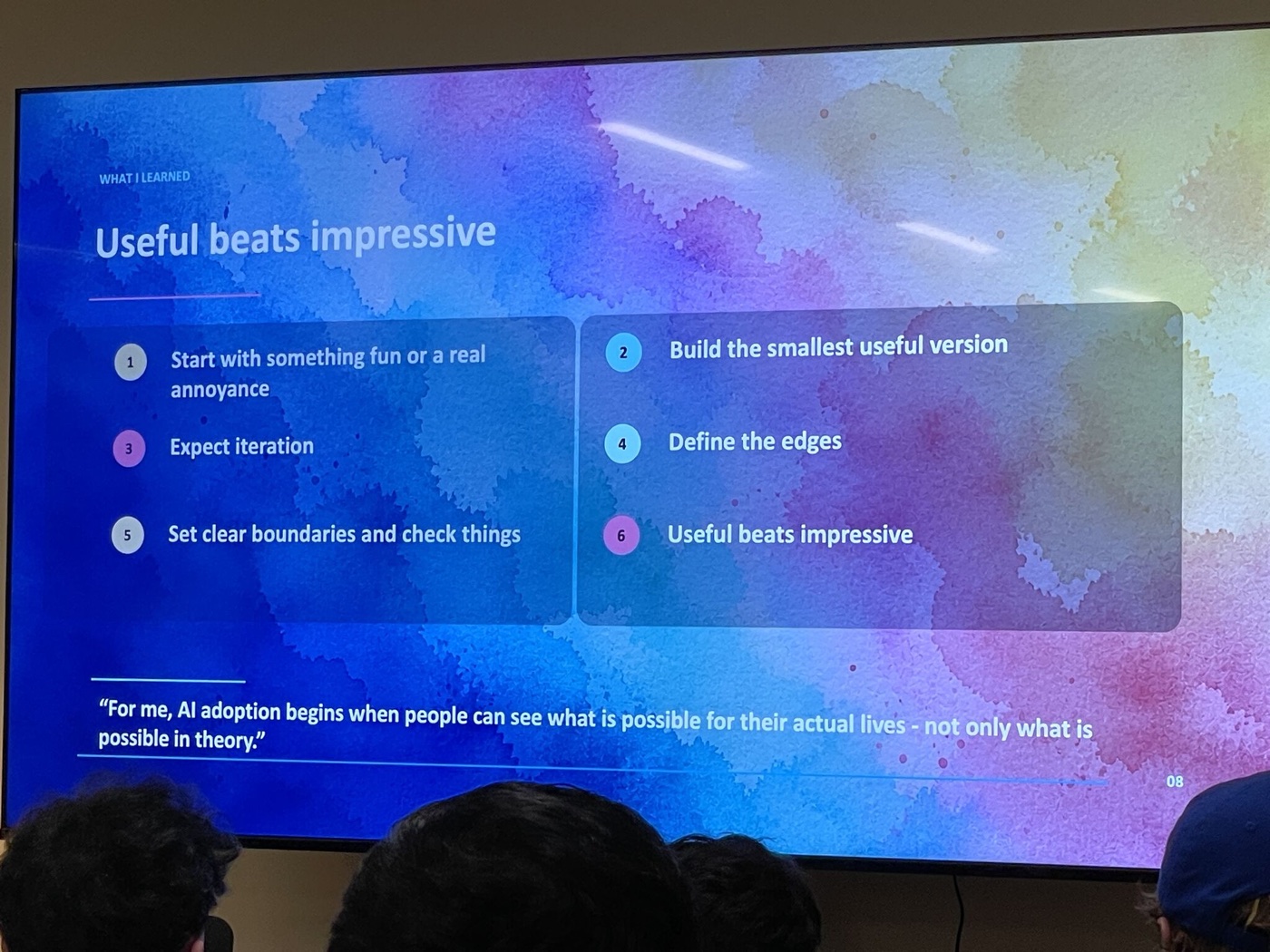 A slide from Jane's talk with the phrase useful beats impressive.